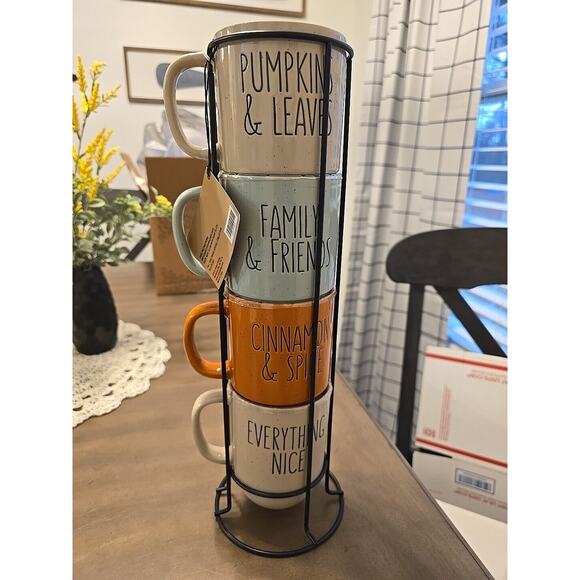 Robert Stanley Pumpkin & Leaves/Fall Speckled Stacked Mugs And Holder - Picture 1 of 4